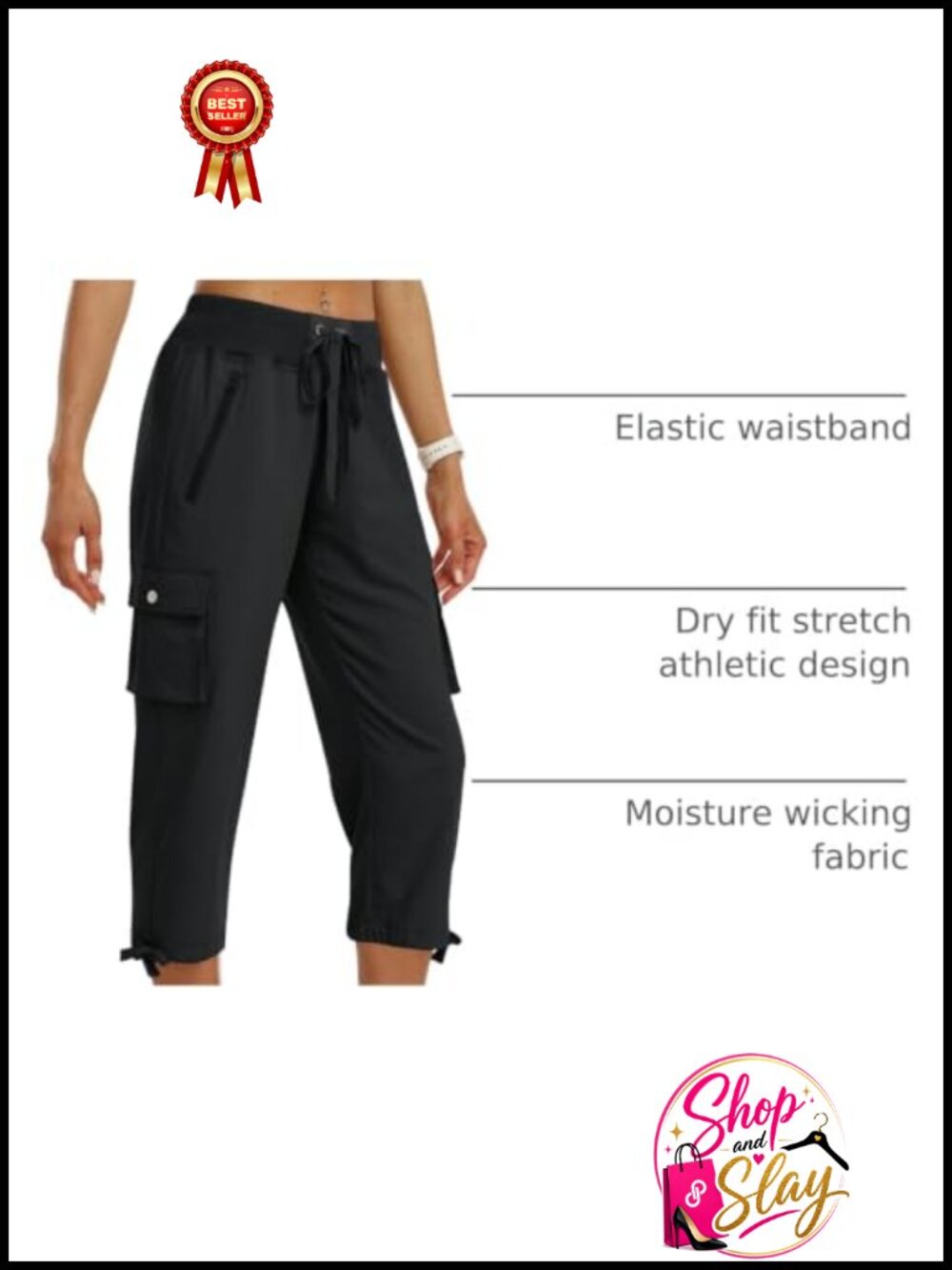 Women's Cargo Capris Lightweight Quick Dry Hiking Pants with Pockets - Picture 3 of 6